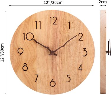 ACCSHINE Wall Clock Wood Oak Silent No Ticking Noise 30cm Quartz Large Easy to Read for Living Room Kitchen Bedroom Office School (Wood Color - Branch Hands)