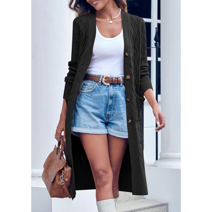 Кардиган жіночий Imily Bela з в'язаним джгутовим візерунком, відкритий спереду, з довгими рукавами, з кишенями (XXL, Чорний)