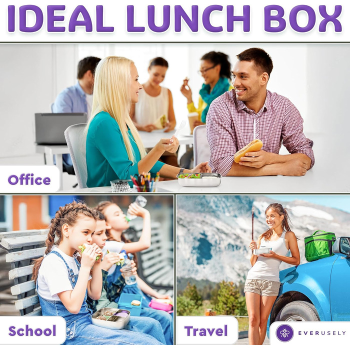 Everusely Ланчбокс Bento Box Лавандовий - 0,8 л, нержавіюча сталь, з контейнером для спецій, 3 відділення