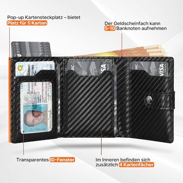 Чоловічий гаманець Tomylv з RFID захистом, стильний, з карбонової шкіри, двостороній, чорний & помаранчевий