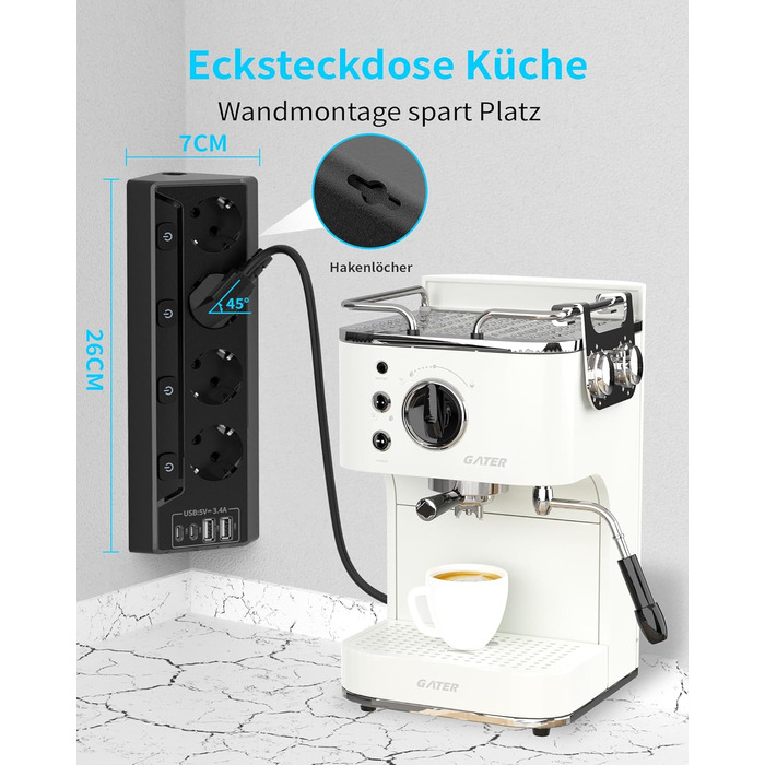 Мережевий адаптер з захистом від перенапруги Eck з USB-C, 6 розеток, 2м кабель (4000W, 16A), розподільний блок для кухні, офісу (4 розетки, чорний)