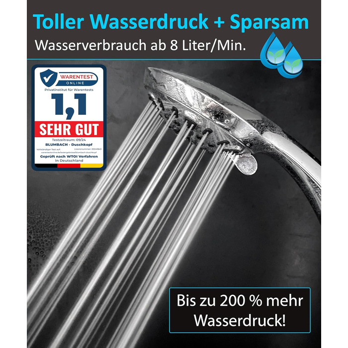 BLUMBACH® Shower Head - Water-Saving - High-Pressure Aqua Joy Shower Head - 8 Spray Patterns, Pressure-Boosting Shower Head, Shower Head, Water-Saving Shower Head, High Water Pressure Strong Jet