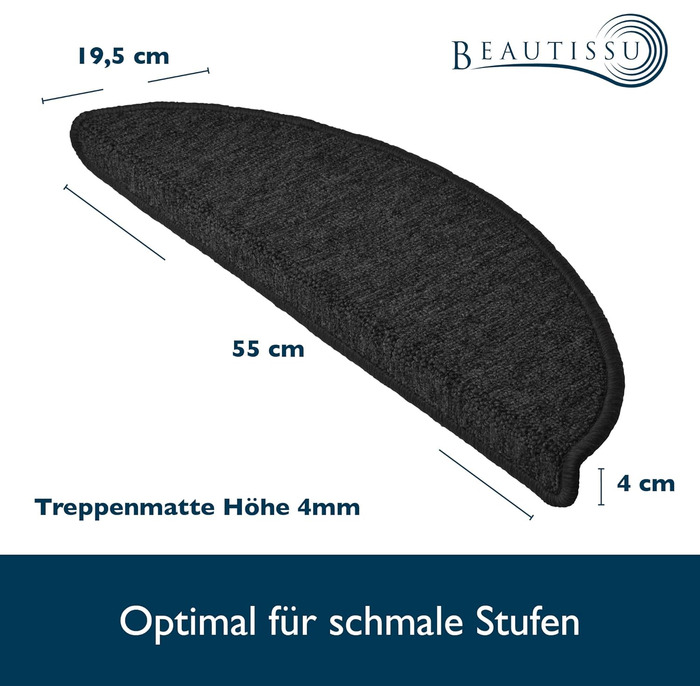Beautissu Non-Slip Stair Treads - 55x15 cm - 15 Pack - Self-Adhesive Indoor Stair Mats - Anthracite Grey - ProStair for Narrow Stairs