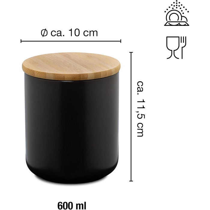Керамічна банка Moritz & Moritz 600 мл з бамбуковою кришкою, чорна, для зберігання сипучих продуктів, кави, мюслі або ванних аксесуарів, з можливістю підпису