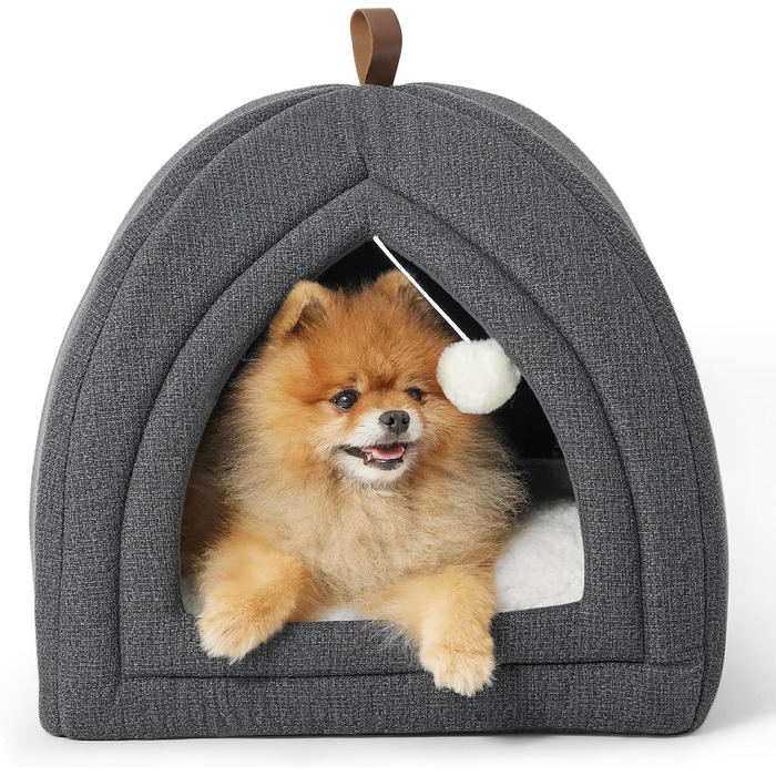 Ліжко для котів BEDSURE велике, 40x40x40 см. Затишне ліжко-будиночок для котів з м'якою подушкою Sherpa та іграшкою. Легко миється, колір - темно-сірий.