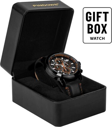 Чоловічий годинник PINDOWS з хронографом, кварцовий, аналоговий, водонепроникний, з коричнево-чорним шкіряним ремінцем, чорний корпус, чорний ремінь, помаранчевий циферблат
