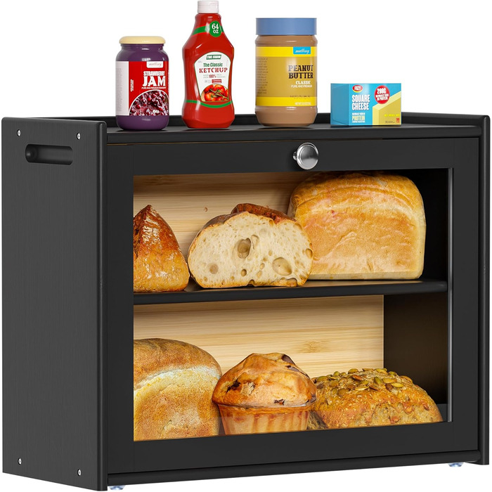 Бротокса Bambus: Бротокса для зберігання хліба з вентиляцією, 2 полиці та велике оглядове вікно, дерев'яний контейнер для хліба, безпечний для харчових продуктів, легкий у догляді, чорний (HX-10336)
