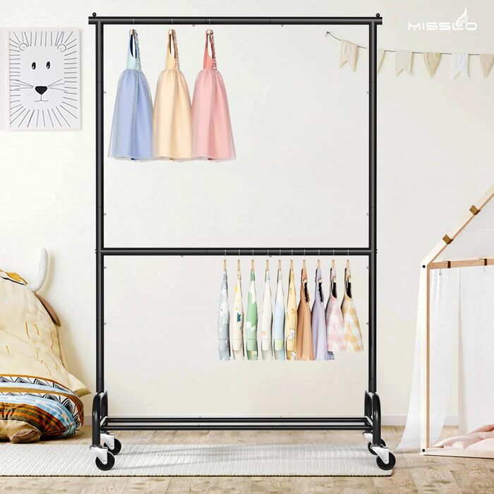 MISSLO Heavy-Duty Clothes Rack Double, Metal Clothes Rod on Wheels Stable Mobile Coat Rack for Coats, Shirts (White) (Black)