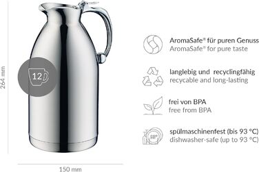 alfi THERMO 1.5L, double-walled stainless steel insulated carafe, keeps contents warm for 4 hours, cold for 6 hours, loose-fitting lid, one-handed pouring, plastic-free, dishwasher-safe, for commercial use