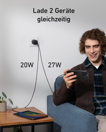 Зарядний пристрій Anker USB-C 47W, 523 Charger (Nano 3), компактний з 2 портами GaN, для iPhone 17/Pro/Pro Max/iPhone Air/16/15, Galaxy, Pixel 4/3, iPad/iPad mini (кабель не входить) Білий (Чорний)