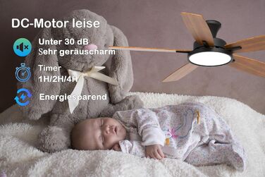Вентилятор стельовий з LED підсвіткою, DC мотор, 3 кольори світла, диммування, чорний, з пультом ДК для спальні, тихий, 6 швидкостей, вітальня, офіс