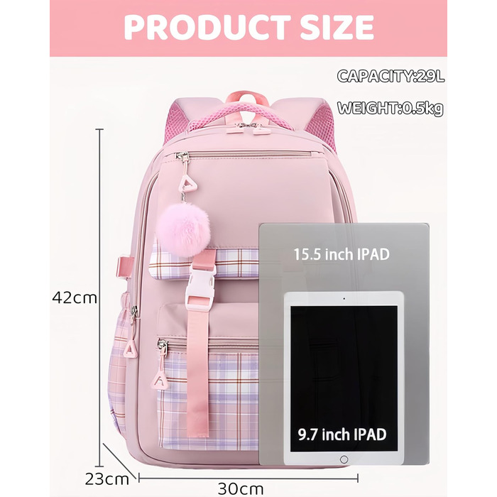 Рюкзак для підліток та жінок, 17 дюймів, легкий, естетичний, для подорожей, навчання, роботи (рожевий)