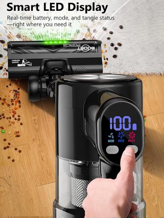 Бездротовий акумуляторний пилосос 48KPa/500W/55хв з док-станцією, LED-дисплеєм та антизаплутаною насадкою для тварин, килимів, твердих поверхонь та авто, глибокий чорний колір