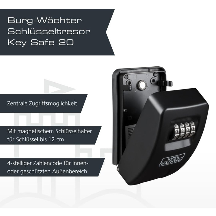 Ключниця-сейф Burg Wächter Key Safe 10 з 4-цифровим кодом для зовнішнього та внутрішнього встановлення, чорна
