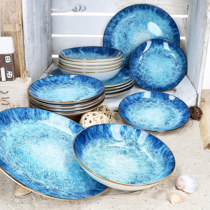 Набір посуду MamboCat Marina 18 предметів: блакитний порцеляновий сервіз для 6 осіб з морським дизайном, декор 