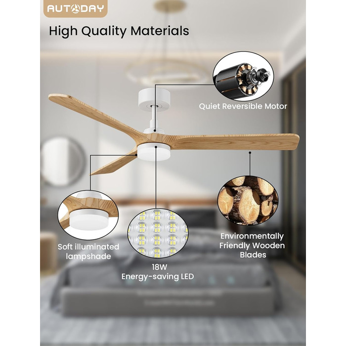 Стеляний вентилятор Holz з підсвічуванням, тихий DC-двигун, 90 см, для вулиці, 3 дерев'яні лопаті, регульоване LED-освітлення 24W, пульт з пам'яттю, 6 швидкостей, таймер (дерево, 52 дюйми)