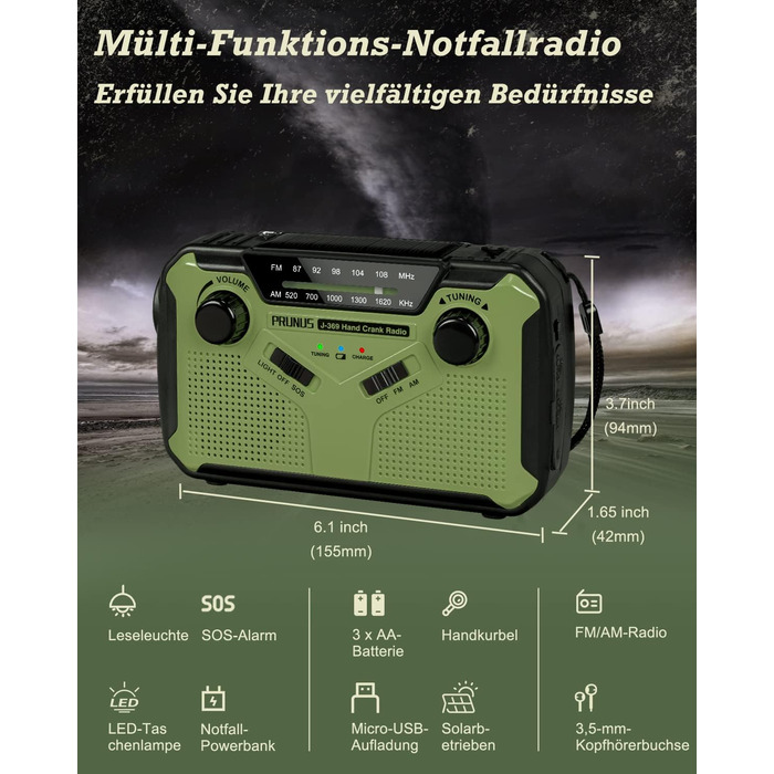Радіо PRUNUS J-369: FM/AM, з ручним заводом, сонячна панель, Power Bank 3000mAh, SOS-сигнал, ліхтарик для кемпінгу та надзвичайних ситуацій (зелене)
