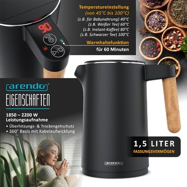 Електричний чайник Arendo з регулюванням температури, 1.5л, нержавіюча сталь, подвійні стінки, BPA Free, функція підтримки тепла, чорний матовий (Set 1)
