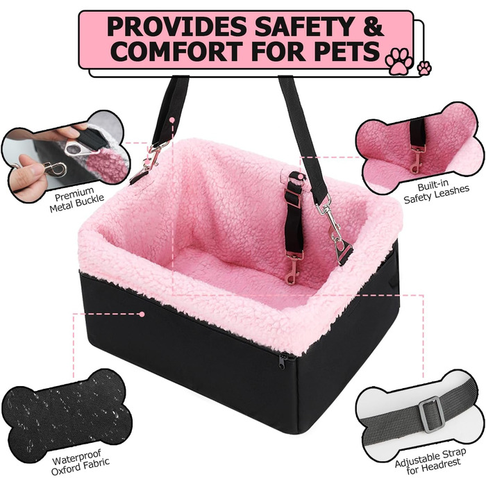 Автокрісло для собак UNICITII: безпечне та зручне місце для маленьких собак (до 20 кг), чорно-рожеве