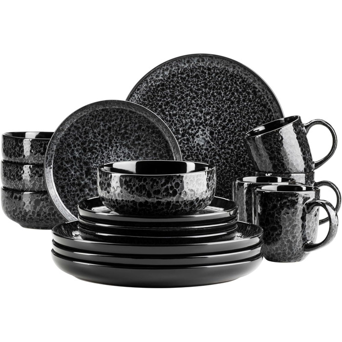 MÄSER Filippa: 16-частинний сервіз для 4 осіб з кераміки (16 предметів); тарілки, миски, чашки з реактивною глазур'ю чорного та сірого кольорів, порцеляна