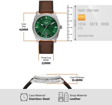 Годинник Fossil Machine для чоловіків, кварцовий, з датою, сталевий або шкіряний ремінець (42 мм, колір: холодний зелений)