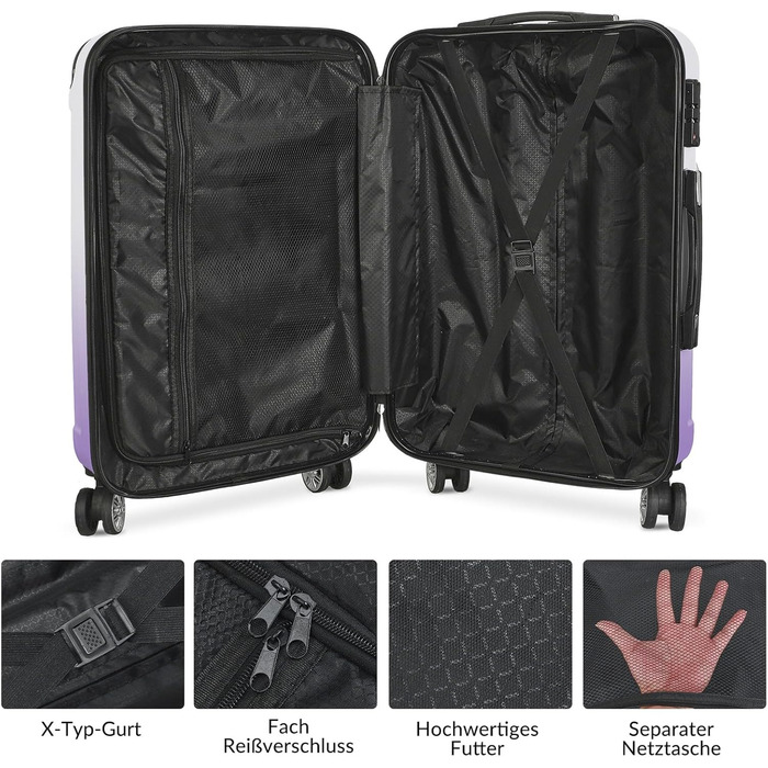 Набір валіз 3 шт., валіза з жорстким корпусом, ручна валіза, набір валіз з полікарбонату, легка та міцна, з обертовими колесами на 360° та замком TSA (перехідний колір фіолетовий)
