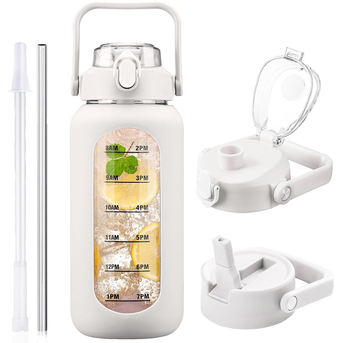 2L Glass Water Bottle with 2 Lids Flip and Tumble Lid 2 Liter Large Water Jug with Time Marker and Silicone Sleeve BPA-Free Leak-Proof for Sports Gym, (White)