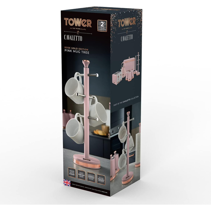 Tower T826132PNK Cavaletto Beaker Stand with Stainless Steel Stopper, Soft Base, Marshmallow Pink and Roségold