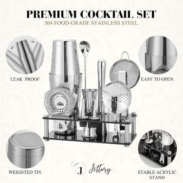 Набір шейкерів Boston - 16 предметів, нержавіюча сталь, акрилова основа, набір для приготування коктейлів