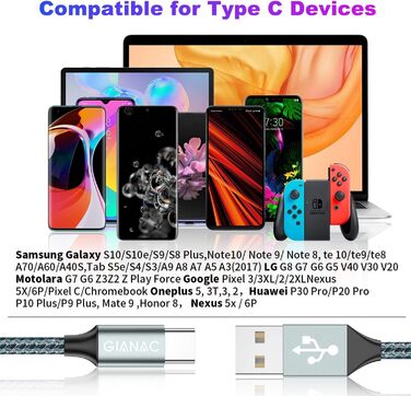 Кабель USB-C 2 шт. по 0.3м (2м) - швидка зарядка та синхронізація для Samsung, Huawei, Sony