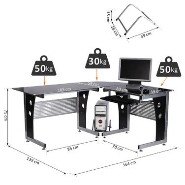 HOMCOM L-Shaped Corner Desk with Black Safety Glass 164x139x75 cm, stylish workspace for home office