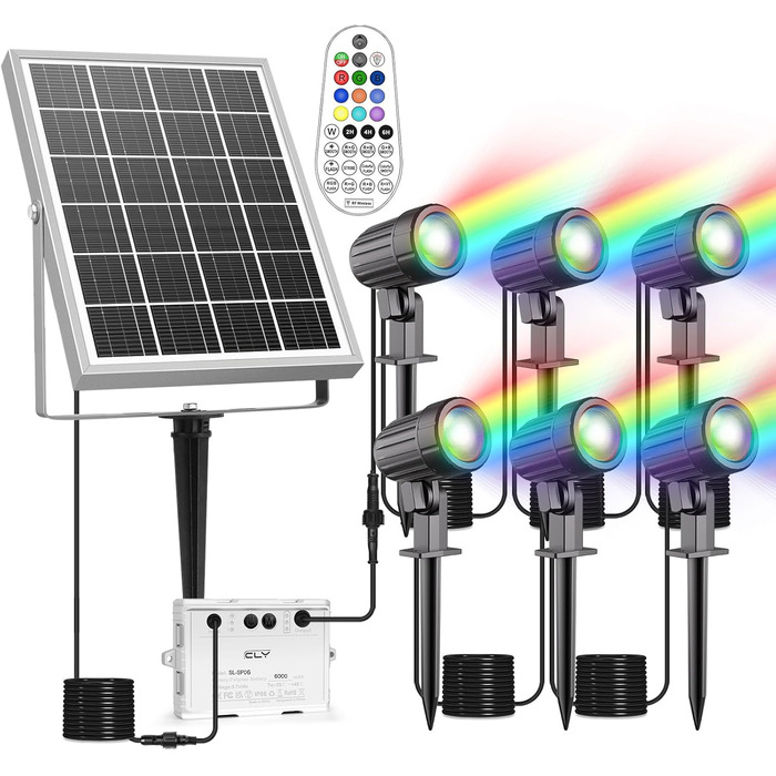 CLY Solar Lights for Outdoors, Solar Spotlights RGB Garden Lights with Remote Control IP66 Waterproof 10 Colors 30 Dynamic Modes Timer Garden Lighting for Gardens Path Christmas Decoration 6 Pack