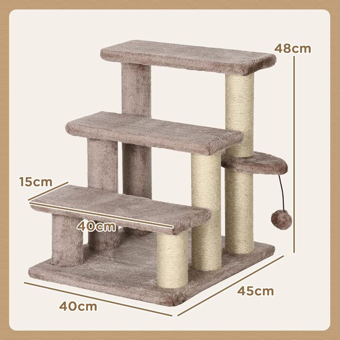 PawHut 3-Step Pet Staircase with Scratching Posts, Ball, Dog Staircase, Pet Staircase for Cats up to 5 kg, Plush Jute, White 45 x 40 x 48 cm (45L x 40W x 48H cm, Brown)
