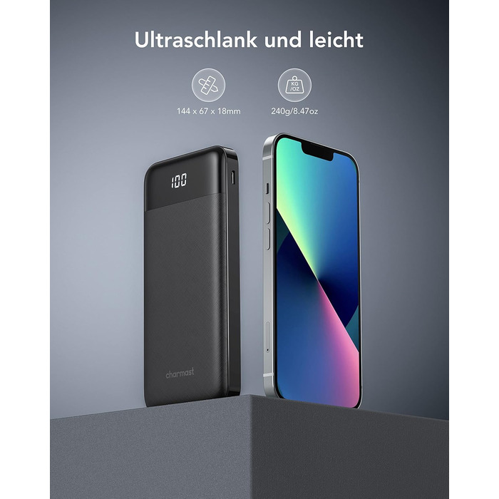 Power Bank Charmast 10000mAh з 6 виходами, USB-C, LED-дисплеєм, 4 кабелями, чорний