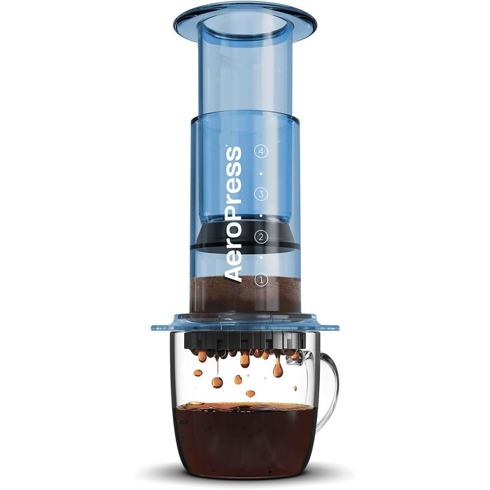 Прозора кавоварка AeroPress Clear Blue 3-в-1: френч-прес, пуровер та еспресо, портативна міні-кавомашина для подорожей і кемпінгу, без гіркоти, синя