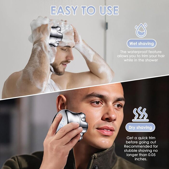 Електрична бритва чоловіча 7D Glatzen з плаваючою головкою, LED-дисплеєм, 2 режимами, Type-C зарядка, срібляста
