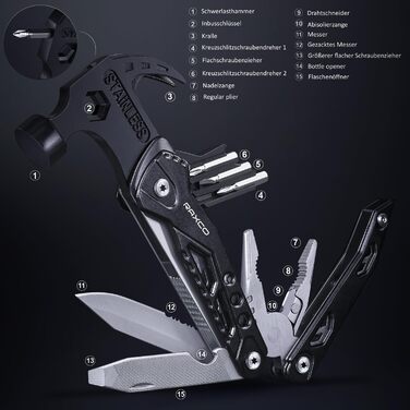 Багатофункціональний інструмент RAXCO 15-в-1: молоток, плоскогубці, мультитул для кемпінгу та подарунок для чоловіків, батька, друзів