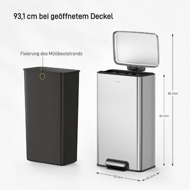 Відро для сміття EKO Madison 30л з м'яким закриттям кришки, нержавіюча сталь, знімний внутрішній відерце, стійке до відбитків пальців, з 20 мішками для сміття 30л