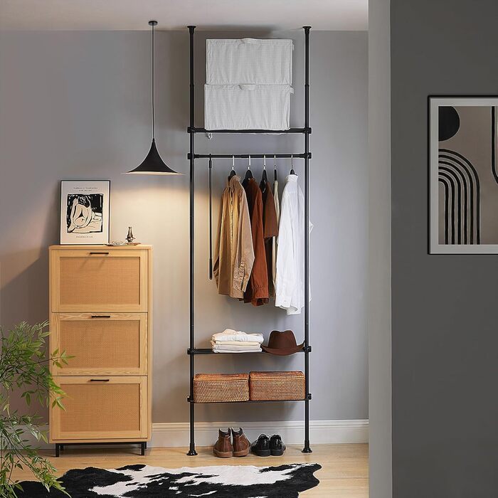 SoBuy KLS07-SCH Telescopic Clothes Rail Garment Rack with 1 Clothes Rail and 3 Shelves Telescopic Wardrobe System Adjustable Clothes Rack B (52-80) x H (233-295) cm