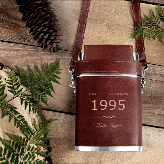 Термос Maverton з гравіюванням - персоналізований, 250 мл, з нержавіючої сталі, 3x10 мл пробники, шкіряний чохол з ремінцем, подарунок на день народження та інше, колір: сріблястий/коричневий