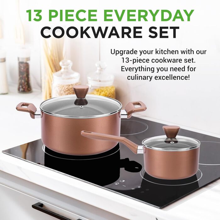 NutriChef 13-Piece Cookware Set | Non-Stick Pot and Pan Set for Induction | Pots Set for Gas, Electric & Ceramic Cooktops | PFOA-Free | Aluminum Pan Set with Ergonomic Brown Handles