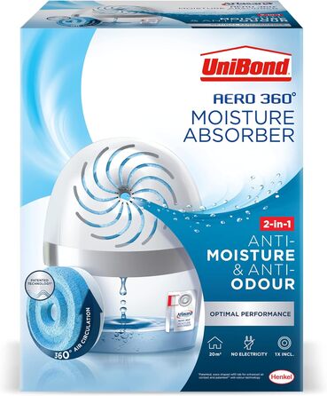 UniBond AERO 360° Moisture Absorber, extremely absorbent dehumidifier, prevents condensation, mold, and musty odors, refillable condensation absorber, 1 device including 1 refill tablet 450g