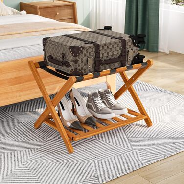 Fully assembled white luggage rack, enhanced bamboo, foldable suitcase stand with 5 nylon straps, luggage holder with shelf for guest rooms, hotel (white luggage rack, 1 piece) (honey, 1 piece)