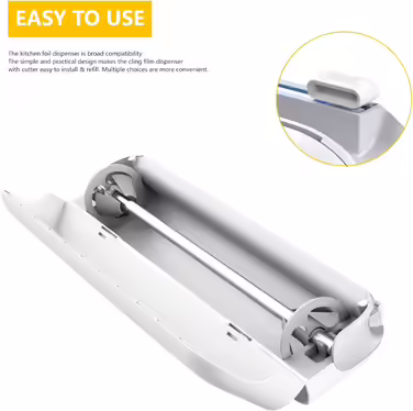 Magnetic Foil Dispenser with Cutter - Improves cling film dispensers, Practical cutter for plastic wrap & aluminum foil - Cling film roller for kitchen drawer, White