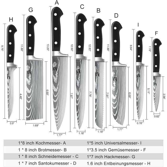 Набір кухонних ножів Dfito, 8 предметів: професійний набір з нержавіючої сталі з високовуглецевої сталі, гострі ножі для кухаря, чорна ручка