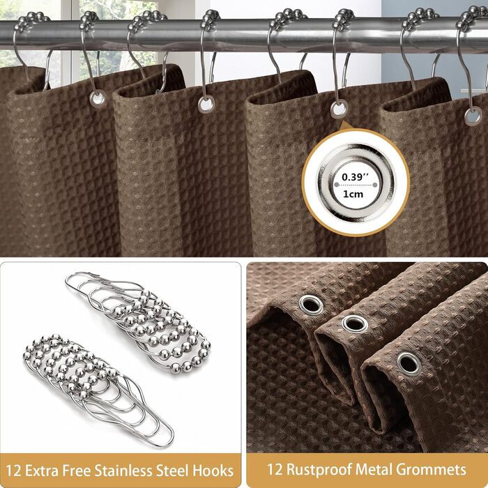 Штора для ванної кімнати Waffel з кільцями, тканинна, водовідштовхувальна, антигрибкова, 182x182 см, біла (Waffel - коричневий, 244x182 см)