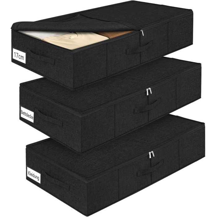 Коробки для зберігання під ліжком MePure, 3 шт. (сірий, чорний) – 50л, з кришкою, для одягу, ковдр, постільної білизни, подушок, 76×38×17 см