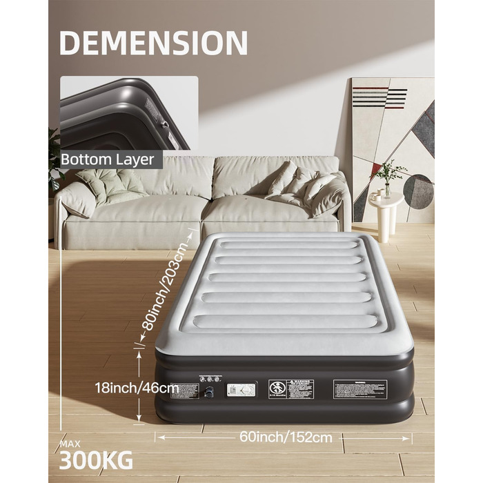 Надувне ліжко CHILLSUN® для 2 осіб, 203x152x46 см з електричним насосом, водонепроникне, для кемпінгу та гостей