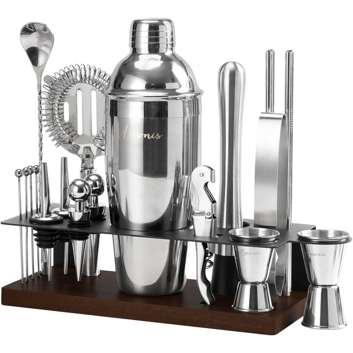 Набір бармена на 23 деталі з підставкою | Комплект шейкерів для коктейлів з усіма необхідними інструментами: шейкер Мартіні, сито, ложка, мадлер, для дому, бару, вечірки (шоколадний)