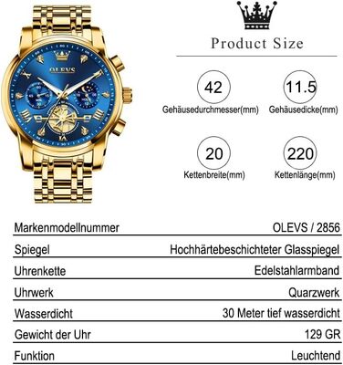 Годинник чоловічий OLEVS з металевим ремінцем, кварцовий, з місячною фазою, хронограф, водостійкий (2856 Blue / Gold)